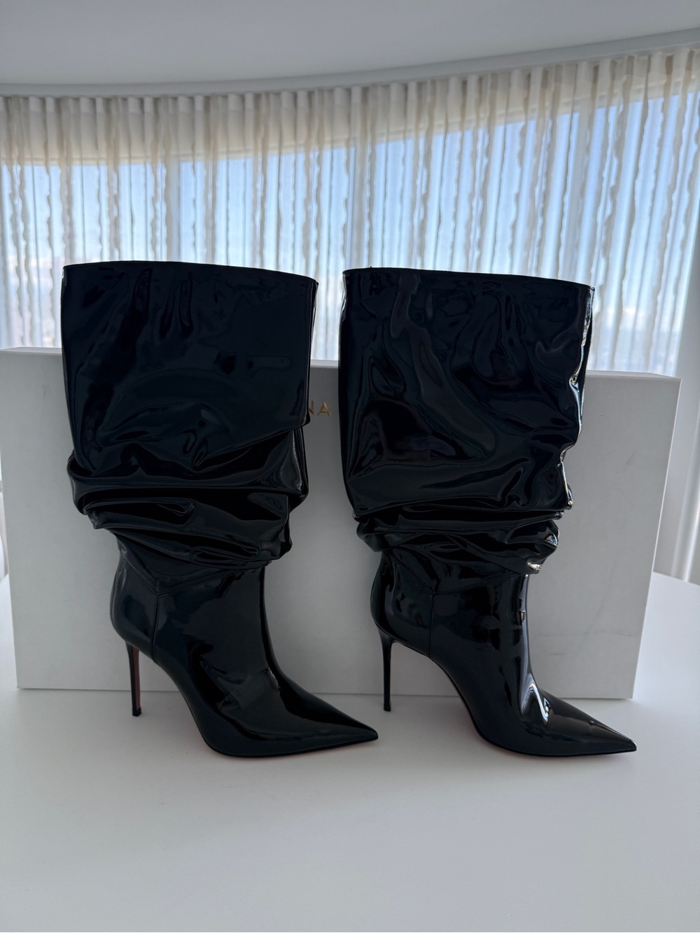 Amina Muaddi Black Patent Slouchy Pointed Stiletto Boots